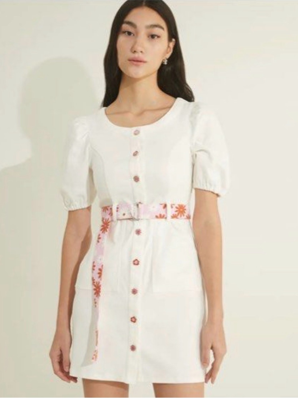 NWT Pomelo.X Bijou KarmanWhite Mini Dress with Pink Floral Belt